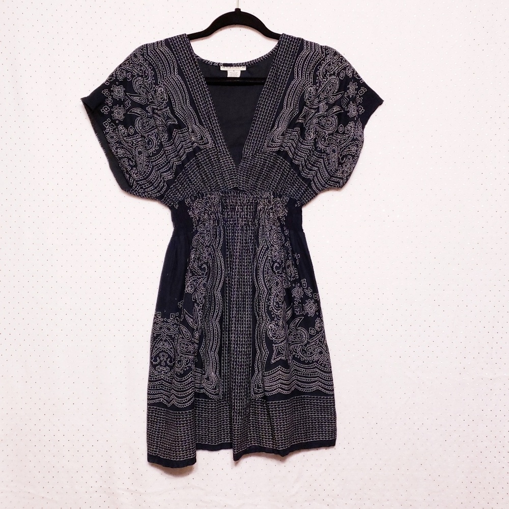 Vintage Boho Print Cotton Dress * Sz S * Blue Plate